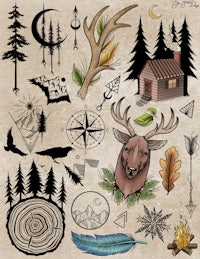 a set of drawings of a deer, a cabin, and a tree