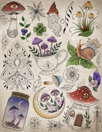 a set of doodles with mushrooms and other items